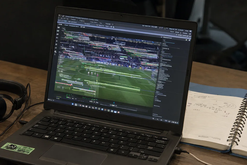 Laptop sa snimkom utakmice na radnom stolu